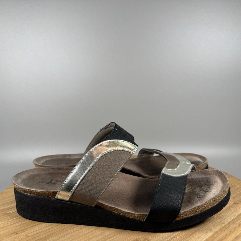 S Naot Frankie Sandals‎ Women's 38 / 7 Black Silver Leather Cork Wedge Double
